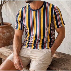 Forever 21 Mens Vertical Stripe T-Shirt Yellow Navy Blue Red Cotton Tee
